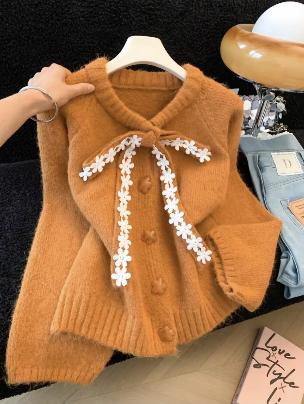 Women'S Heavy-Lace Patchwork Cardigan with Button Placket Sweater Jacket